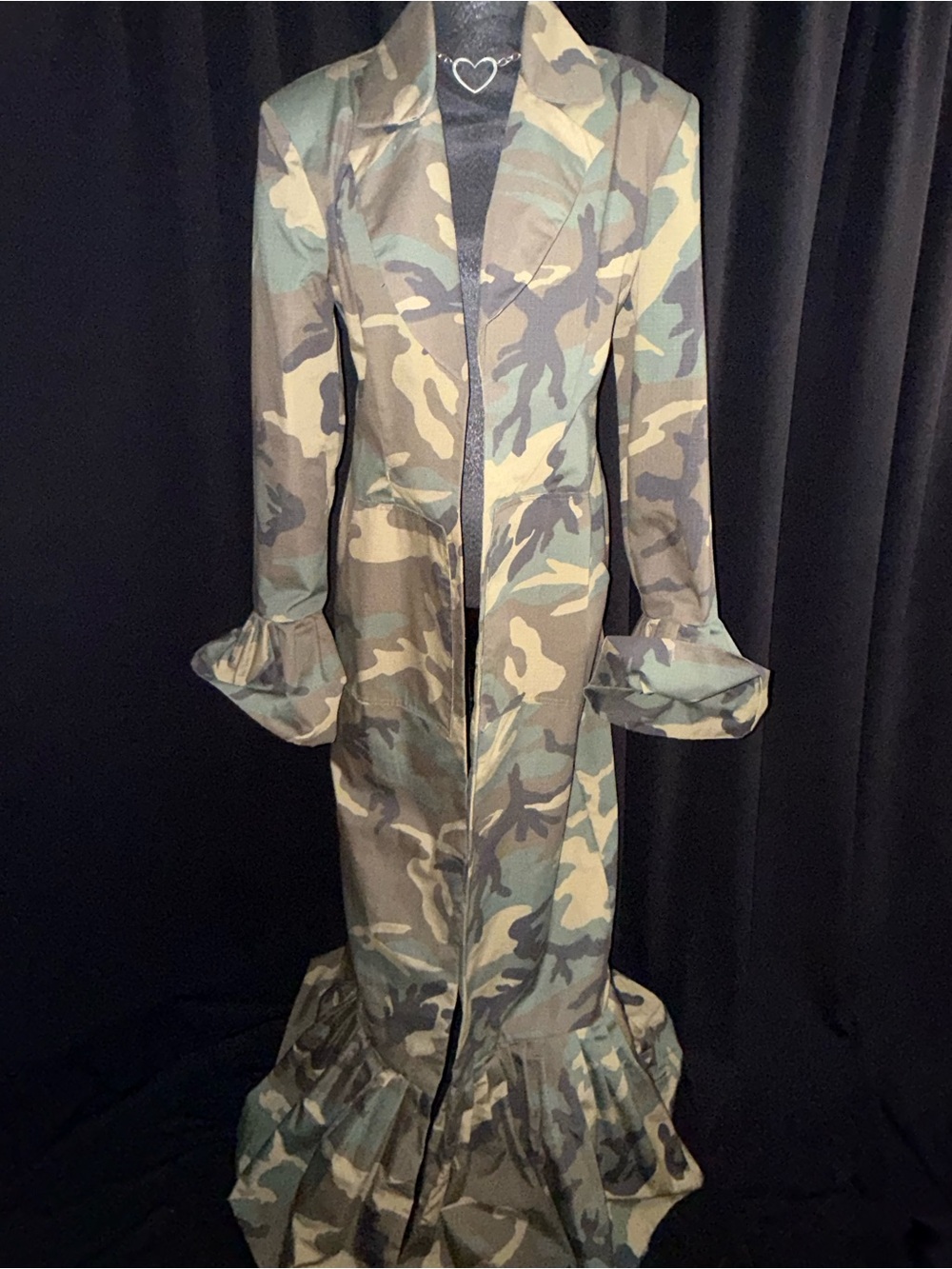 Camouflage Ruffle-Hem Trench Coat - Green/Brown